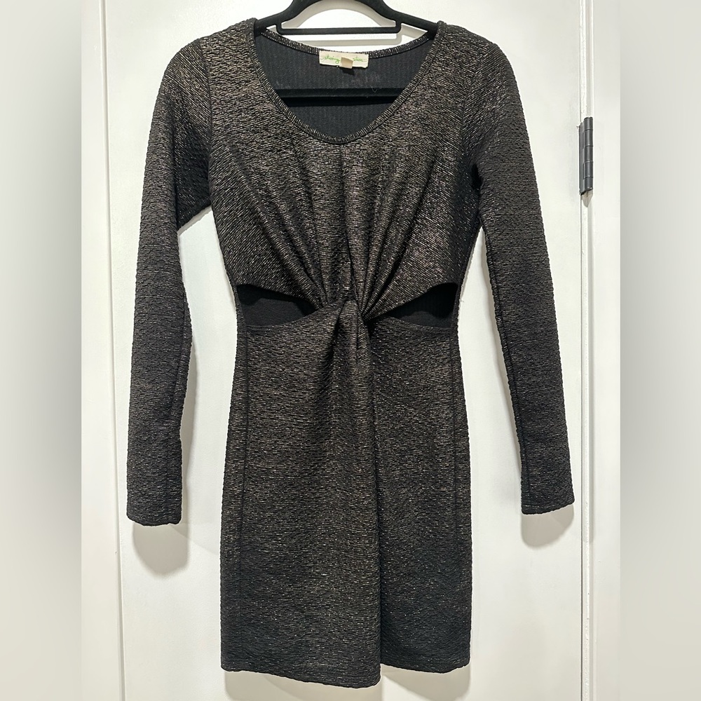 Staring at Stars Long Sleeve Black and Gold Bodycon Dress with Cutouts